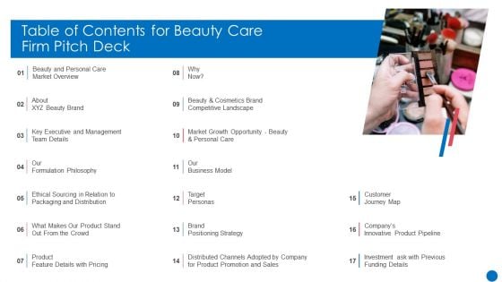 Table Of Contents For Beauty Care Firm Pitch Deck Ppt Professional Topics PDF