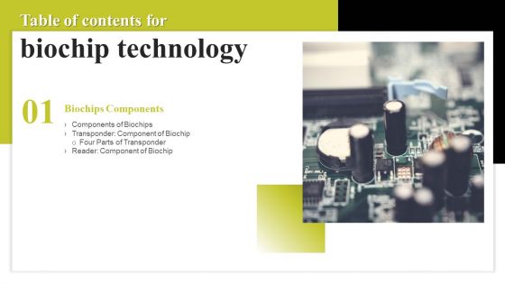 Table Of Contents For Biochip Technology Transponder Ppt PowerPoint Presentation File Icon PDF