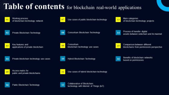 Table Of Contents For Blockchain Real World Applications Background PDF