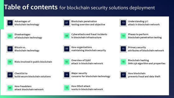 Table Of Contents For Blockchain Security Solutions Deployment Ideas PDF