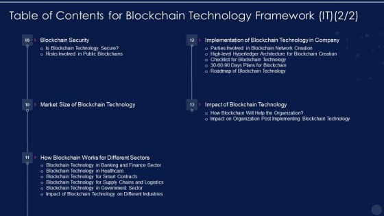Table Of Contents For Blockchain Technology Framework IT Infographics PDF