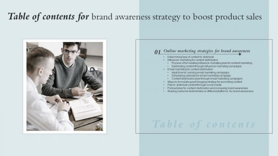 Table Of Contents For Brand Awareness Strategy To Boost Product Sales Structure PDF