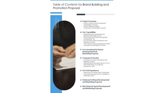 Table Of Contents For Brand Building And Promotion Proposal One Pager Sample Example Document