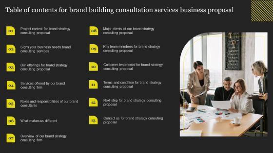 Table Of Contents For Brand Building Consultation Services Business Proposal Pictures PDF