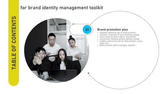 Table Of Contents For Brand Identity Management Toolkits Ppt PowerPoint Presentation File Display PDF