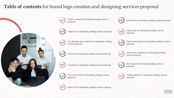 Table Of Contents For Brand Logo Creation And Designing Services Proposal Graphics PDF Table Of Contents For Brand Logo Creation And Designing Services Proposal Graphics PDF