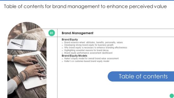 Table Of Contents For Brand Management To Enhance Perceived Value Professional PDF