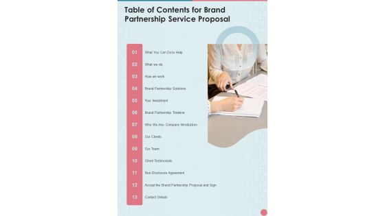 Table Of Contents For Brand Partnership Service Proposal One Pager Sample Example Document