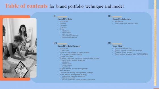 Table Of Contents For Brand Portfolio Technique And Model Pictures PDF