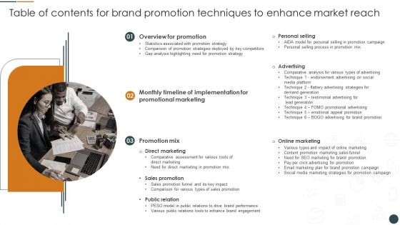 Table Of Contents For Brand Promotion Techniques To Enhance Market Reach Graphics PDF