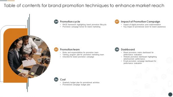 Table Of Contents For Brand Promotion Techniques To Enhance Market Reach Graphics PDF