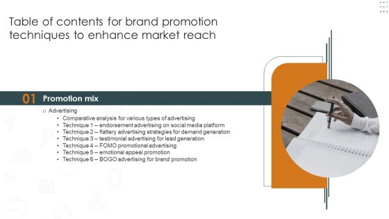 Table Of Contents For Brand Promotion Techniques To Enhance Market Reach Slide Icons PDF