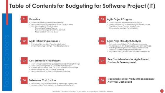 Table Of Contents For Budgeting For Software Project IT Download PDF