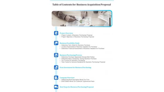 Table Of Contents For Business Acquisition Proposal One Pager Sample Example Document Table Of Contents For Business Acquisition Proposal One Pager Sample Example Document