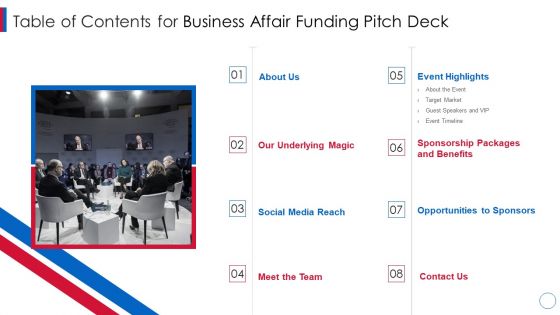 Table Of Contents For Business Affair Funding Pitch Deck Pictures PDF