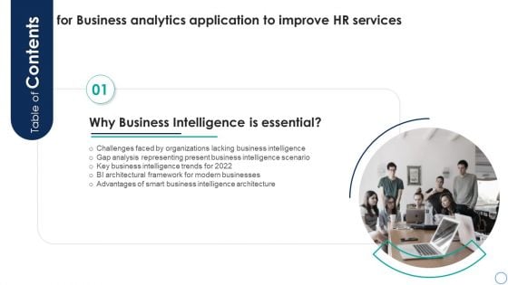 Table Of Contents For Business Analytics Application To Improve HR Services Themes PDF