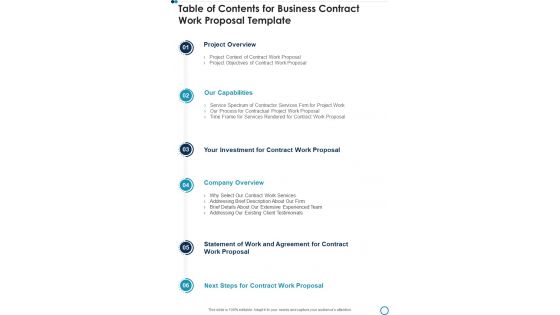 Table Of Contents For Business Contract Work Proposal Template One Pager Sample Example Document