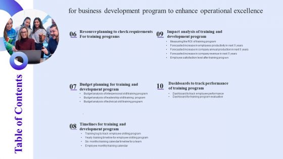 Table Of Contents For Business Development Program To Enhance Operational Excellence Slides PDF