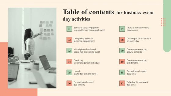 Table Of Contents For Business Event Day Activities Information PDF