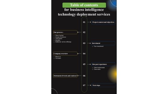 Table Of Contents For Business Intelligence Technology Deployment Services One Pager Sample Example Document Table Of Contents For Business Intelligence Technology Deployment Services One Pager Sample Example Document