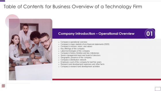 Table Of Contents For Business Overview Of A Technology Firm Network Summary PDF