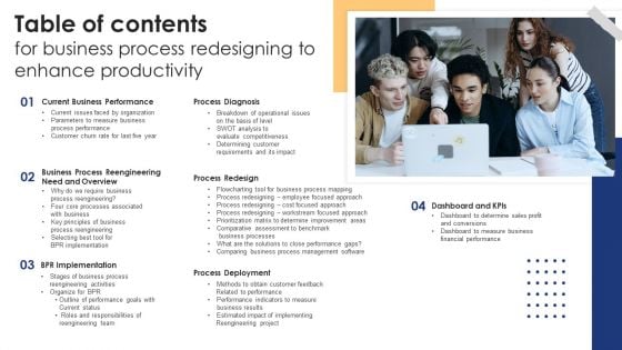 Table Of Contents For Business Process Redesigning To Enhance Productivity Portrait PDF Table Of Contents For Business Process Redesigning To Enhance Productivity Portrait PDF