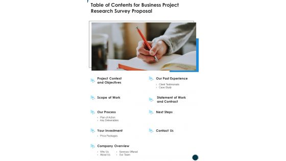 Table Of Contents For Business Project Research Survey Proposal One Pager Sample Example Document