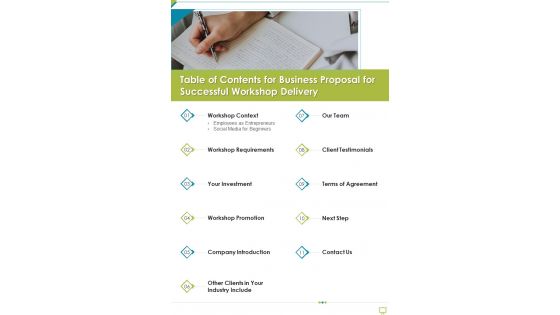 Table Of Contents For Business Proposal For Successful Workshop Delivery One Pager Sample Example Document Table Of Contents For Business Proposal For Successful Workshop Delivery One Pager Sample Example Document
