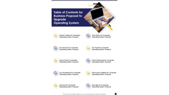 Table Of Contents For Business Proposal To Upgrade Operating System One Pager Sample Example Document Table Of Contents For Business Proposal To Upgrade Operating System One Pager Sample Example Document