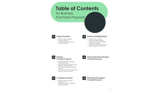 Table Of Contents For Business Purchase Proposal One Pager Sample Example Document