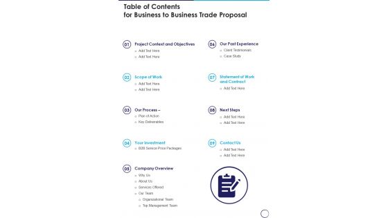 Table Of Contents For Business To Business Trade Proposal One Pager Sample Example Document Table Of Contents For Business To Business Trade Proposal One Pager Sample Example Document