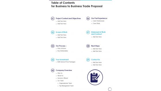 Table Of Contents For Business To Business Trade Proposal One Pager Sample Example Document