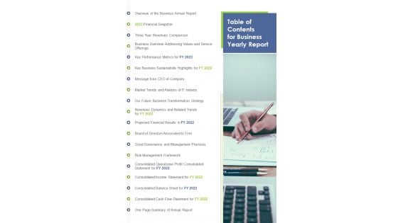 Table Of Contents For Business Yearly Report One Pager Documents