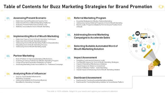 Table Of Contents For Buzz Marketing Strategies For Brand Promotion Elements PDF