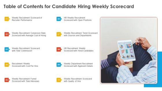 Table Of Contents For Candidate Hiring Weekly Scorecard Candidate Hiring Weekly Scorecard Template PDF Table Of Contents For Candidate Hiring Weekly Scorecard Candidate Hiring Weekly Scorecard Template PDF