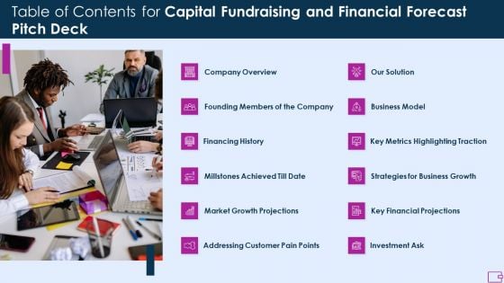 Table Of Contents For Capital Fundraising And Financial Forecast Pitch Deck Brochure PDF Table Of Contents For Capital Fundraising And Financial Forecast Pitch Deck Brochure PDF