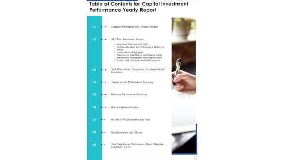 Table Of Contents For Capital Investment Performance Yearly Report One Pager Documents