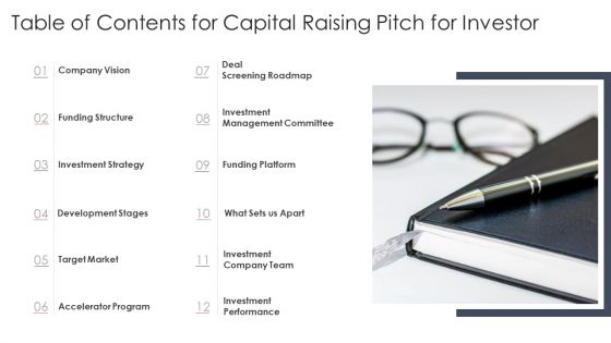 Table Of Contents For Capital Raising Pitch For Investor Ppt PowerPoint Presentation File Icons PDF