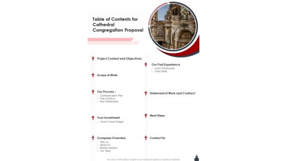 Table Of Contents For Cathedral Congregation Proposal One Pager Sample Example Document