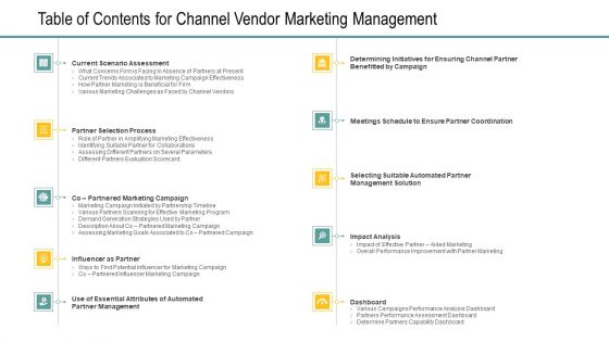 Table Of Contents For Channel Vendor Marketing Management Slides PDF