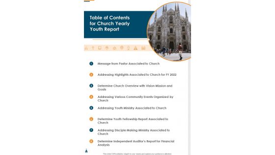 Table Of Contents For Church Yearly Youth Report One Pager Documents