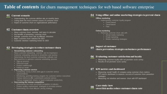 Table Of Contents For Churn Management Techniques For Web Based Software Enterprise Ppt PowerPoint Presentation File Ideas PDF