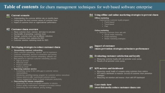 Table Of Contents For Churn Management Techniques For Web Based Software Enterprise Ppt PowerPoint Presentation File Ideas PDF Table Of Contents For Churn Management Techniques For Web Based Software Enterprise Ppt PowerPoint Presentation File Ideas PDF