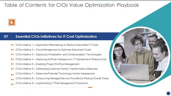 Table Of Contents For Cios Value Optimization Playbook Ppt PowerPoint Presentation File Show PDF