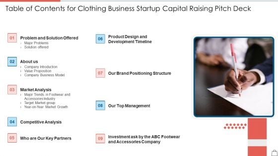 Table Of Contents For Clothing Business Startup Capital Raising Pitch Deck Guidelines PDF Table Of Contents For Clothing Business Startup Capital Raising Pitch Deck Guidelines PDF