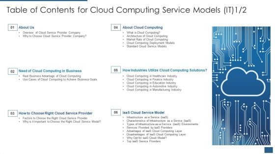 Table Of Contents For Cloud Computing Service Models IT Automotive Diagrams PDF