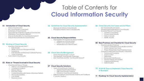 Table Of Contents For Cloud Information Security Ppt Slides Vector PDF