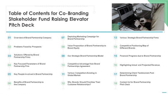 Table Of Contents For Co Branding Stakeholder Fund Raising Elevator Pitch Deck Rules PDF