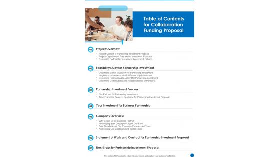 Table Of Contents For Collaboration Funding Proposal One Pager Sample Example Document Table Of Contents For Collaboration Funding Proposal One Pager Sample Example Document