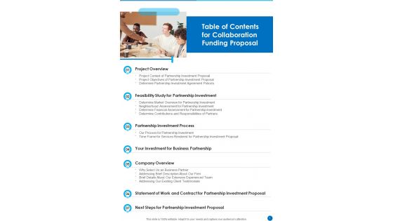 Table Of Contents For Collaboration Funding Proposal One Pager Sample Example Document